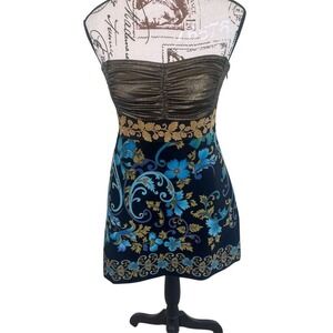 Free People Strapless Black Dress with Blue and Gold Floral Print